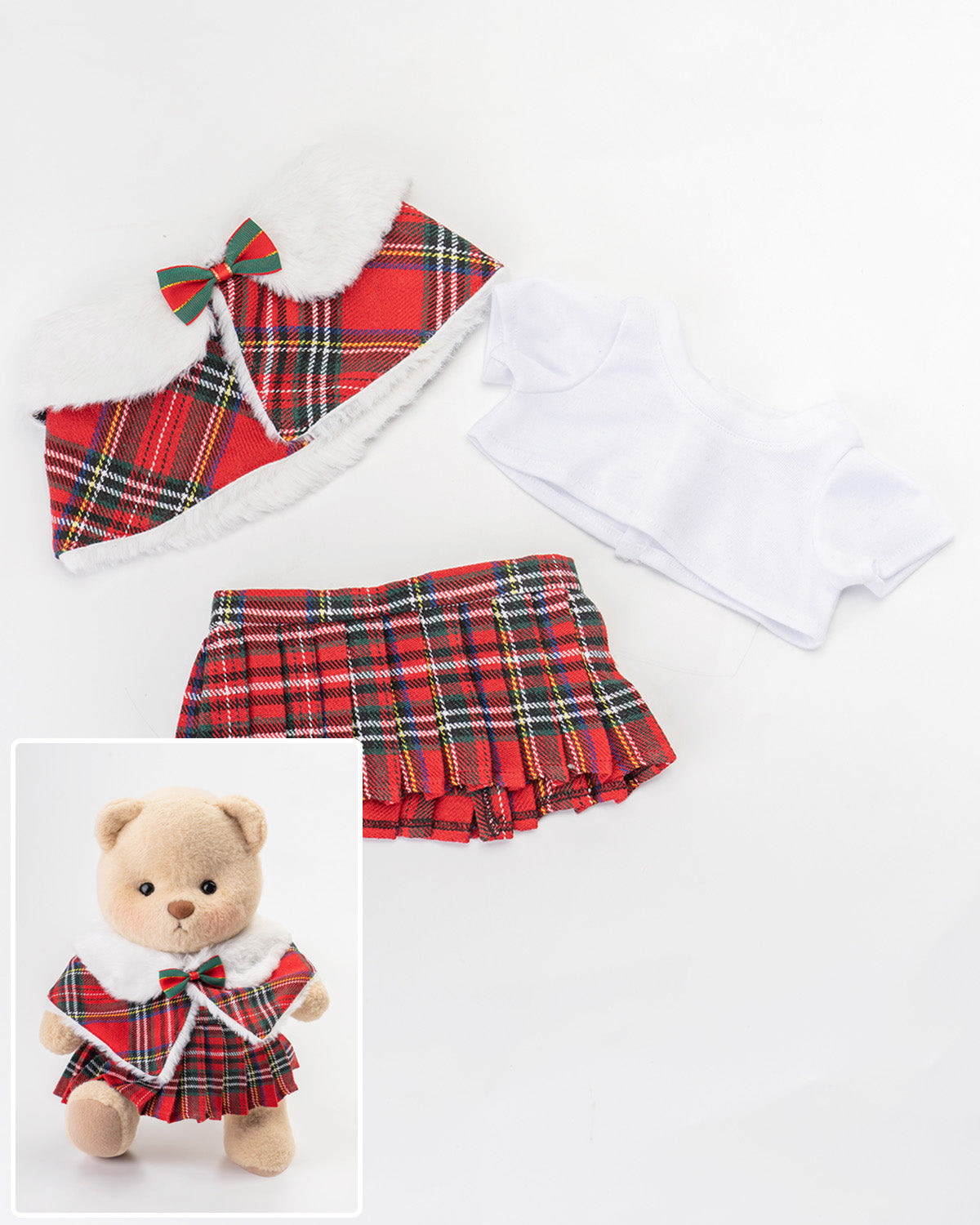 Getahug Christmas Red Plaid Cape Skirt Bear | Handmade Jointed Teddy Bear Gift