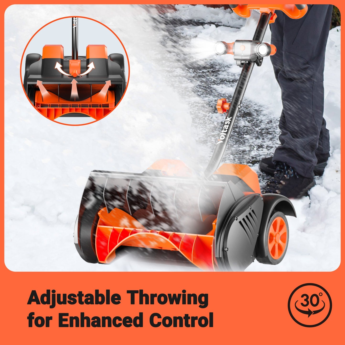 VOLTASK Cordless Snow Shovel with Wheels, 48V | 16-Inch | 4-Ah Brushless Cordless Snow Blower, Battery Snow Blower with Directional Plate & LED Lights (2 * 24V Battery & Dual Quick Charger Included)